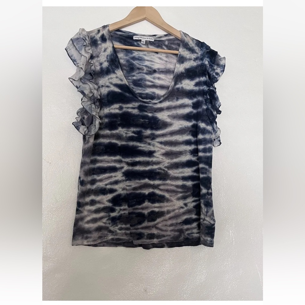 Young Fabulous Broke Blue Purple Tie Dye Ruffle Sleeve Linen Shirt M